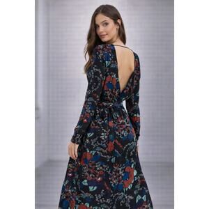 ba&sh Abelia Noir Dress 4 XS Floral Midi Open Back Long Sleeves Belted